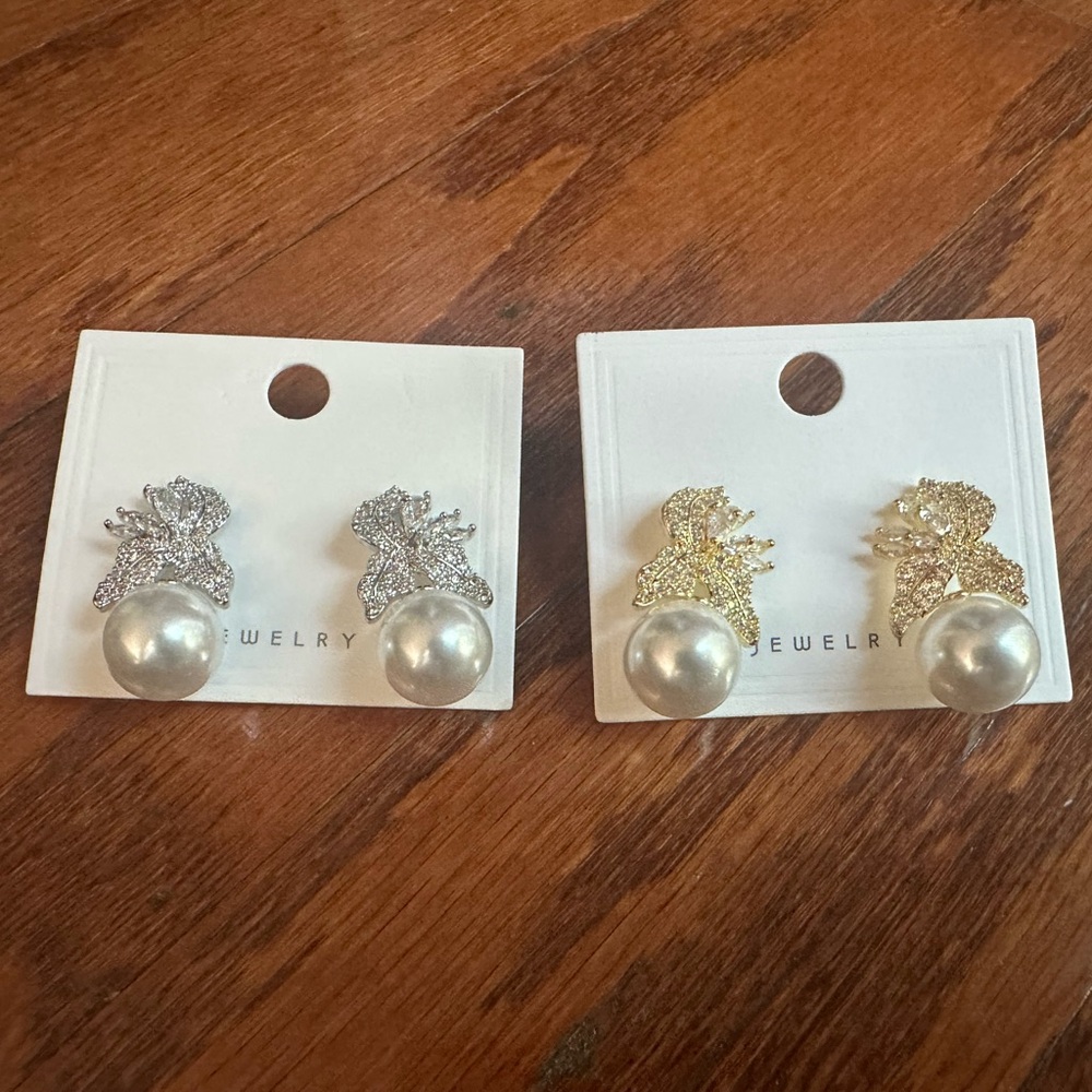 Elegant Silver and Gold Pearl Earrings Non Tarnishing 2 Pairs NWT